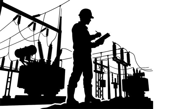 Electrical engineer inspecting power substation equipment