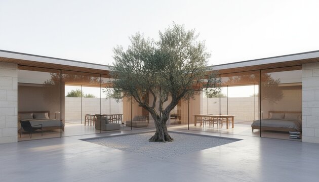 Single story modern pavilion house structured symmetrically around an open air central courtyard featuring a mature olive tree