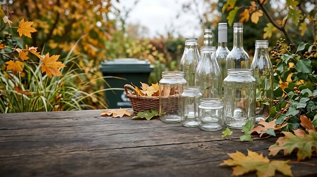 Glass bottles and jars for recycling on wooden table in autumn park