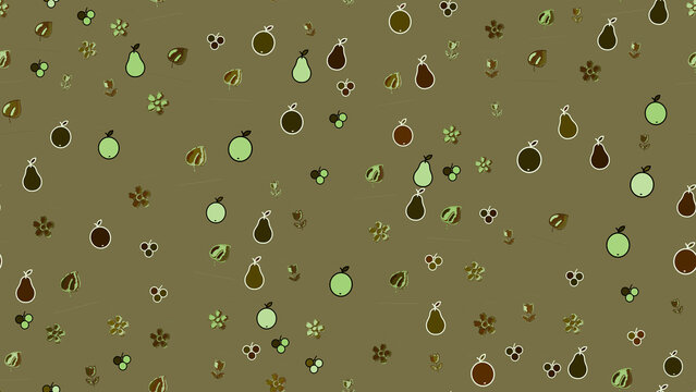 Seamless pattern of stylized fruits, leaves, and flowers