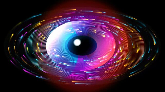 Futuristic neon cybernetic digital eye iris scanning motion graphic with glowing particle rings