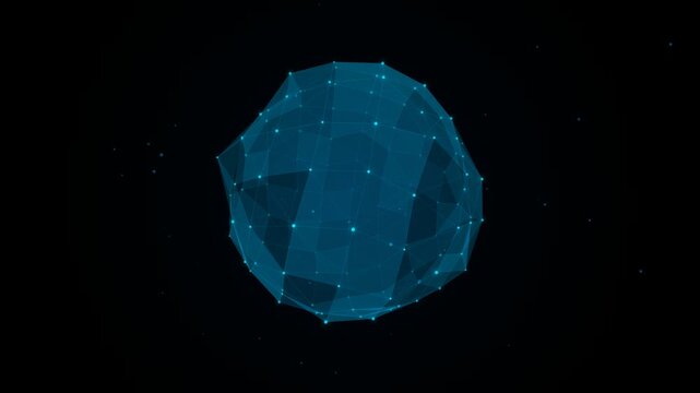 Futuristic blue plexus sphere rotating slowly on dark background digital network technology loop