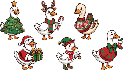Naklejka premium Set of cute cartoon geese dressed in festive christmas outfits and winter accessories isolated on a white background collection