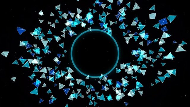 Glowing blue ring surrounded by rotating 3D tech pyramid particles on a dark abstract background