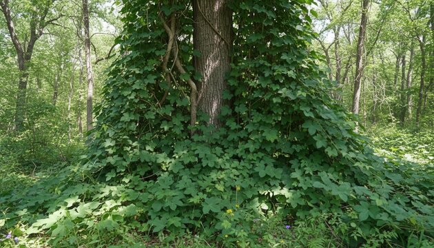 Invasive nonnative kudzu vine aggressively choking the trunk of a mature hardwood tree in a lush mixed deciduous forest