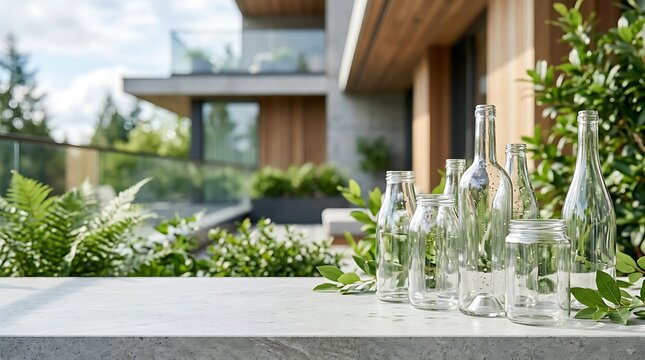 Modern House Backyard with Empty Glass Bottles for Recycling