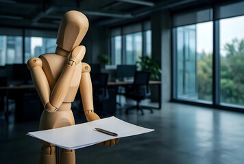 Fototapeta premium Workplace burnout and career stress, wooden mannequin looking at document with pen in modern office environment professional exhaustion
