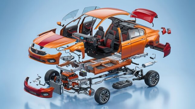 Orange car exploded view showing internal engine chassis and parts isolated on a white background