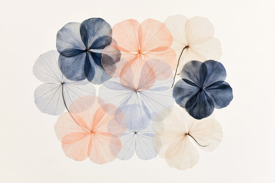 Minimalist Flat Lay Of Delicate Translucent Pressed Flowers On Pale Background