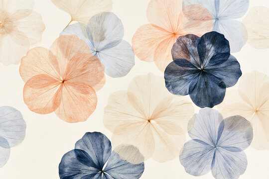 Minimalist Flat Lay Of Delicate Translucent Pressed Flowers On Pale Background