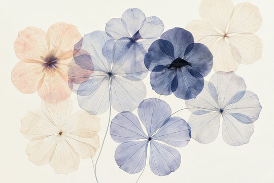 Minimalist Flat Lay Of Delicate Translucent Pressed Flowers On Pale Background
