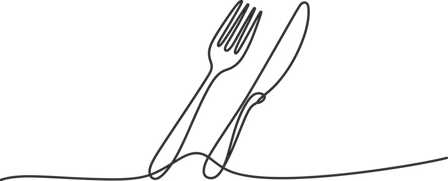 Continuous single line drawing of a fork and a knife for restaurant or food theme