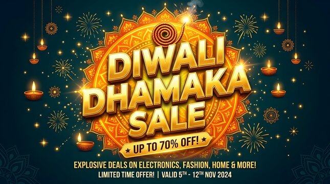 Diwali dhamaka sale banner with golden text and firecracker