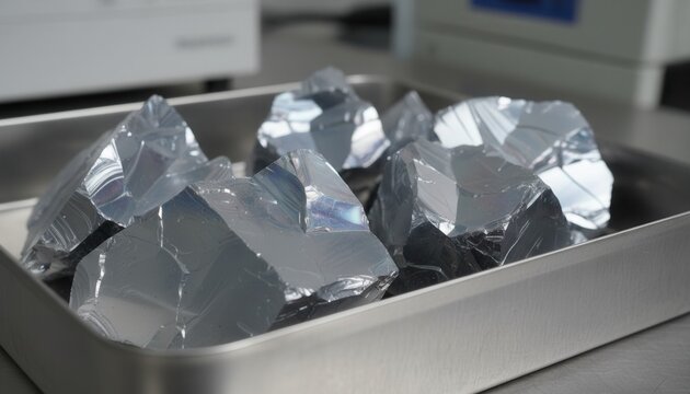 Close up macro photograph of high purity polycrystalline silicon chunks resting inside a brushed stainless steel laboratory tray for semiconductor
