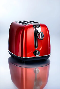 Breakfast preparation and kitchen appliance, modern red toaster for home cooking and morning routine on a reflective surface with clean studio lighting