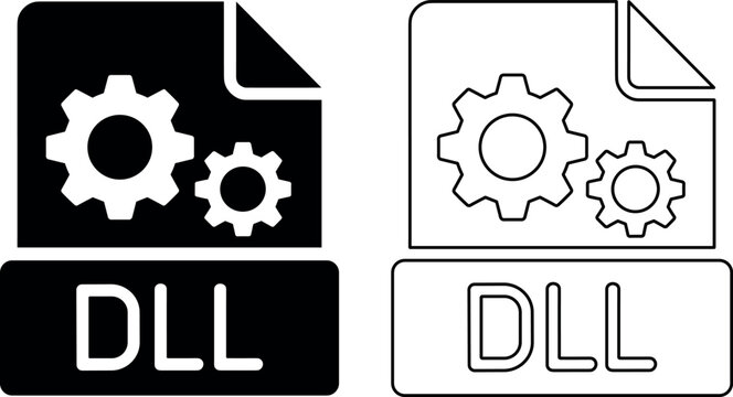Professional DLL file extension icons featuring gear symbols for system configuration in solid and outline vector styles.