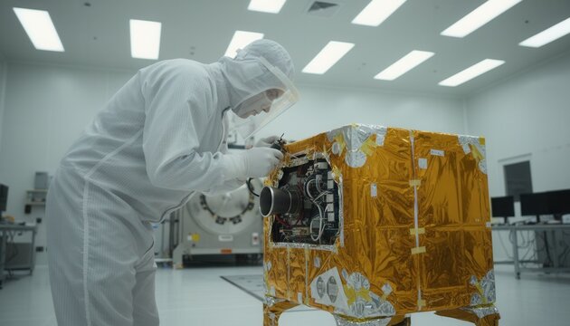 Cleanroom technician in a sterile bunny suit inspects gold foil multilayer insulation wrapping on a compact satellite bus component