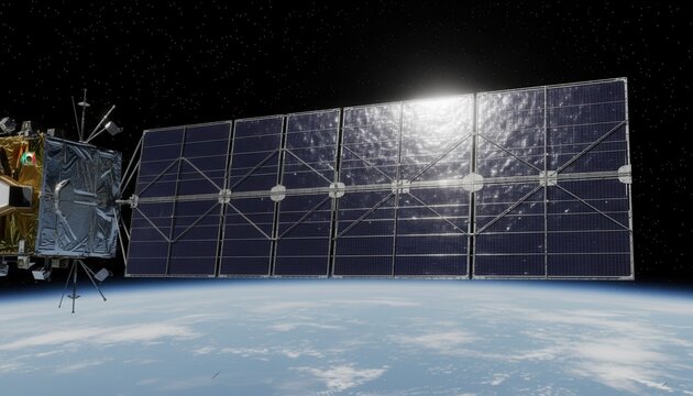 Deployed solar array panel on a commercial communications satellite glowing in low Earth orbit with the blue atmosphere curve below