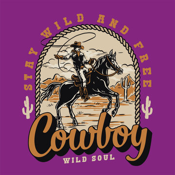 Vintage "Cowboy Wild Soul" retro vector emblem with cowboy on horse and rope border