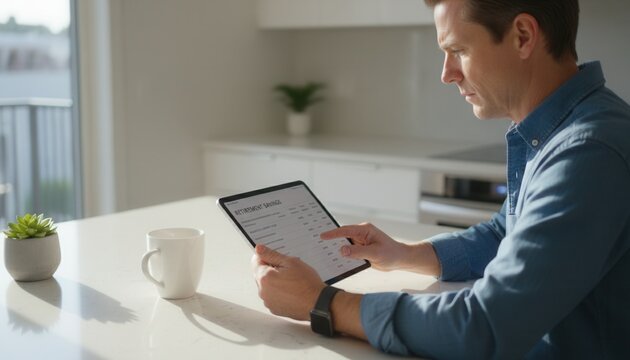 Man reviewing retirement savings and investment accounts on a digital tablet computer at a modern minimalist kitchen counter in morning light