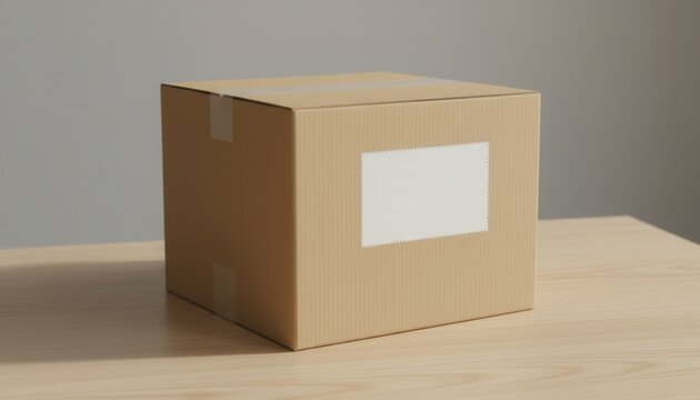 Pristine unbranded corrugated cardboard delivery box with blank white shipping label resting on a clean wooden table in soft studio light