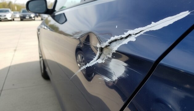 Close up photograph of a damaged blue car side panel showing deep paint scrape and metal dent after a minor parking lot collision