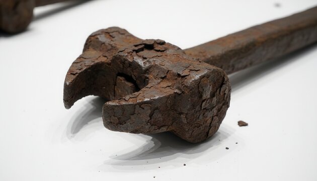 Object led close up photograph of rusted iron medieval blacksmithing tool found during excavation resting on clean white surface