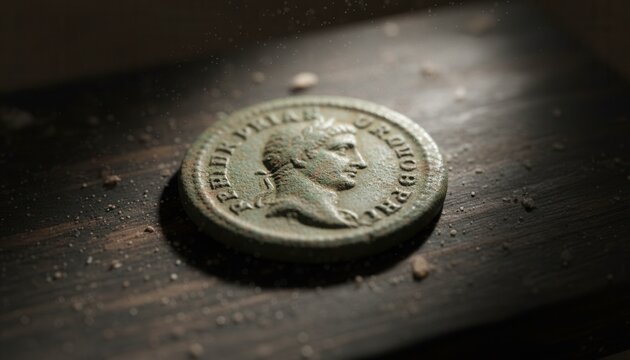Close up photograph of an ancient Roman bronze coin with weathered green patina resting on dark excavation board with overhead light