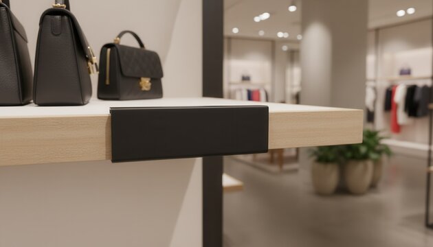 Blank matte black retail shelf talker attached to the edge of a light wood store display fixture with blurred boutique interior background