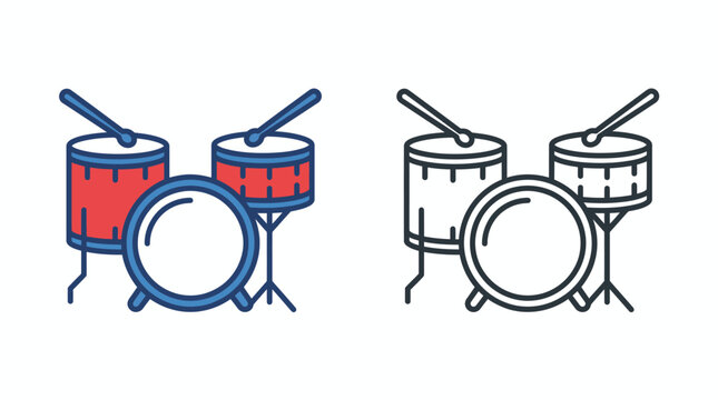 Drum kit vector illustration with red drums and sticks on white background