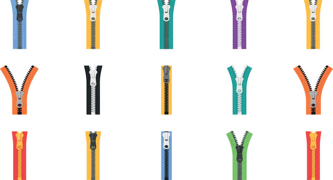 Colorful clothing zipper vector set featuring open and closed metal fasteners and sliders isolated on white background