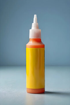 Food industry and culinary branding, blank yellow label squeeze bottle for hot sauce or condiment packaging design mockup on a soft blue background