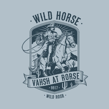 Vintage "Wild Horse" retro western cowboy emblem vector illustration