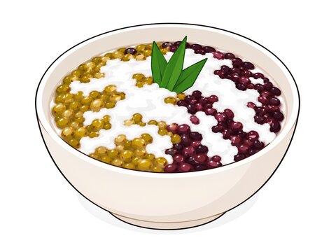 Vector Illustration of Indonesian Mung Bean and Black Glutinous Rice Porridge (Bubur Kacang Hijau dan Ketan Hitam) Served with Coconut Milk and Pandan Leaves in a Bowl