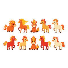 Obraz premium Cute fire pony horse cartoon character set