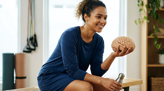 Smiling active woman holding human brain model after workout