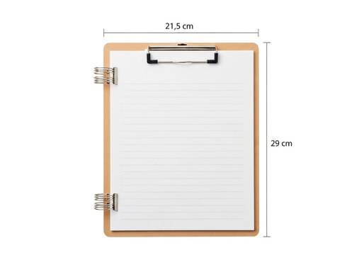 Wooden clipboard with blank paper and measurement dimensions