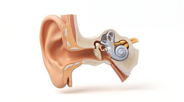 Ear diagram labels hearing structures from pinna to cochlea. Concept of audiology education, hearing health, balance, diagnosis, treatment, and anatomy reference.