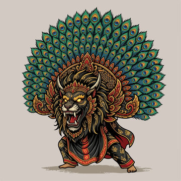 Traditional Reog Singa Lion Dance Cultural Vector Illustration