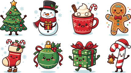Fototapeta premium Set of cute kawaii style christmas character illustrations featuring a tree snowman gingerbread man gift box and holiday decorations