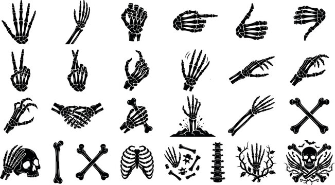 Skeleton hand gesture and human bone silhouette vector set for Halloween designsSkeleton hand gesture and human bone silhouette vector set for Halloween designs