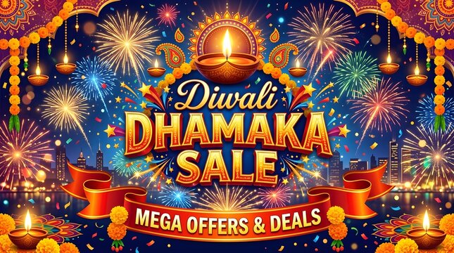Diwali dhamaka sale banner with fireworks and traditional oil lamps