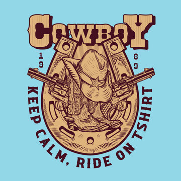 Vintage "Cowboy Keep Calm Ride On" typography vector emblem with boots, hat, and revolvers