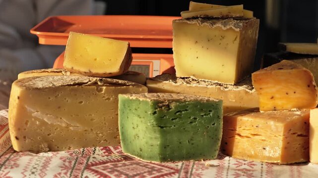 Artisan cheese selection displayed on a market stall with weighing scale
