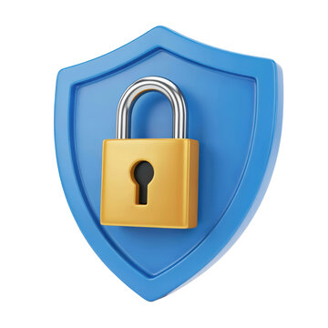3D render of a yellow padlock placed centrally on a blue shield icon isolated on a transparent background