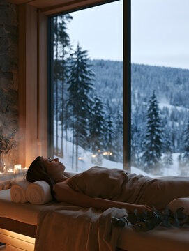 Woman relaxing in a luxury winter spa with a snowy forest view