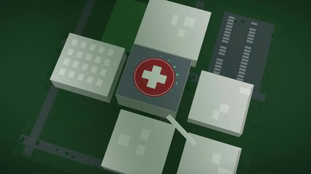Helipad Hospital Aerial View Animation, Red Emergency Landing Pad, Rooftop Hospital Building, Medical Aviation Facility, Night Green Neon Heliport Markings, Urban Architecture Top Down