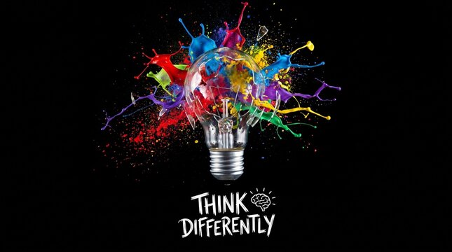 Glowing Lightbulb Breaking Open with Explosion of Rainbow Paint and "Think Differently" Message