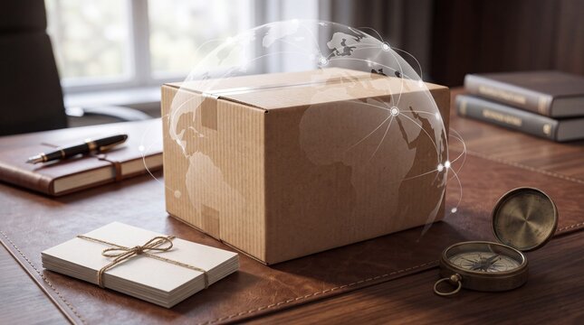 Cardboard box with glowing global logistics network hologram near compass on office desk