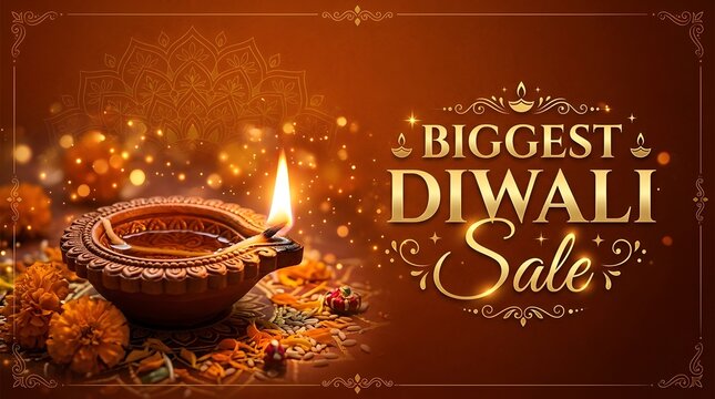 Biggest diwali sale banner with traditional lit diya and flowers